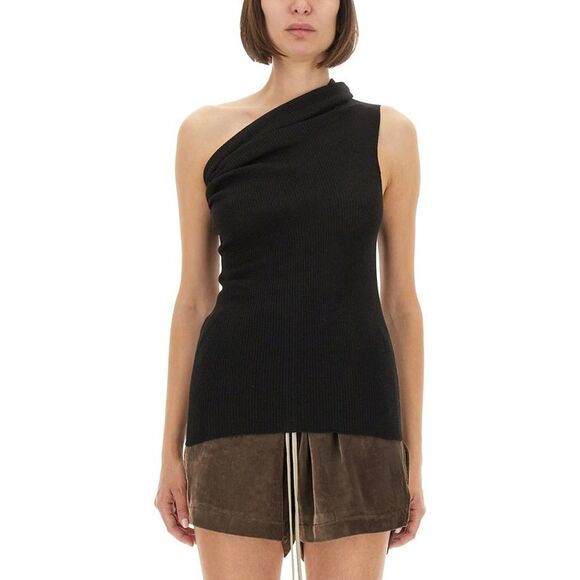 RICK OWENS Asymmetrical Ribbed Knit Tank Top Women BLACK T-Shirts & Tops